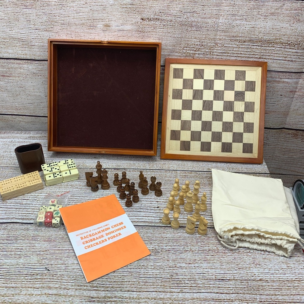 Chess Backgammon Dominoes Cribbage‎ Wood Game Box Set Complete